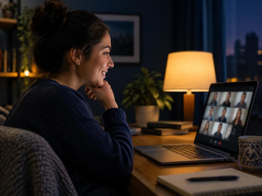 Pessoa sorrindo enquanto participa de um encontro online pelo notebook