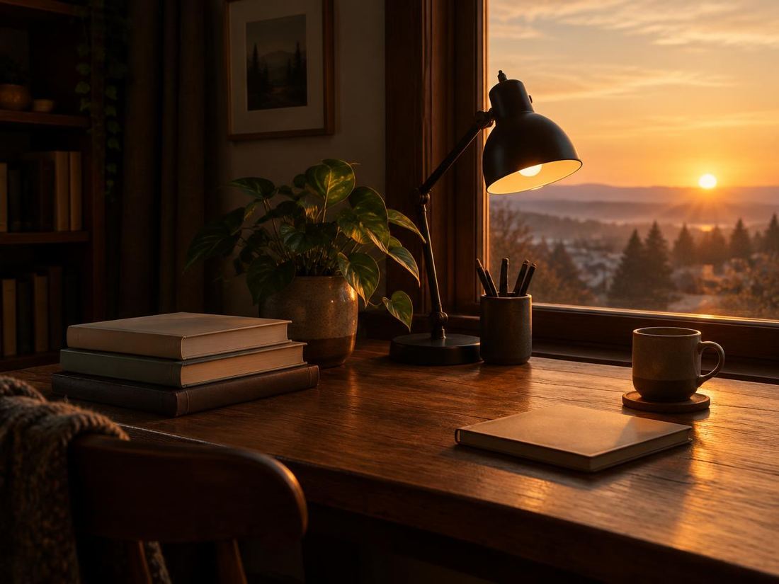 Mesa de estudo com livros, luminária e janela ao amanhecer