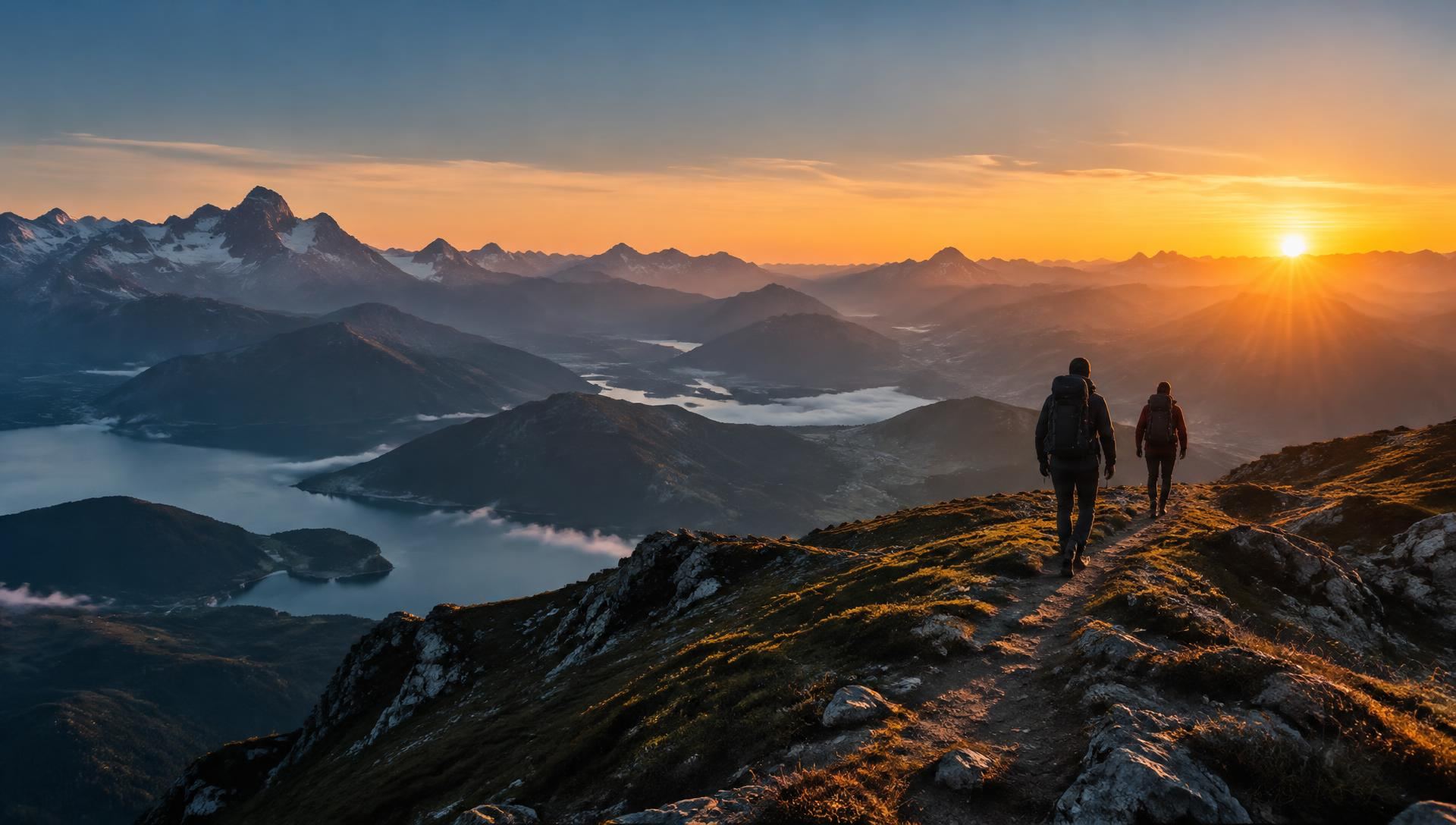 Duas pessoas caminhando por uma trilha na montanha em direção ao nascer do sol