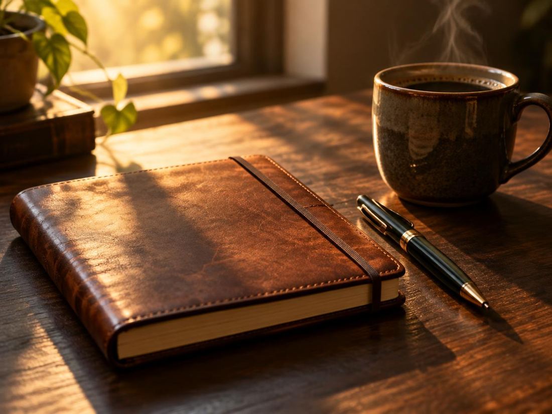 Caderno fechado, caneta e café sobre uma mesa de madeira à luz da manhã
