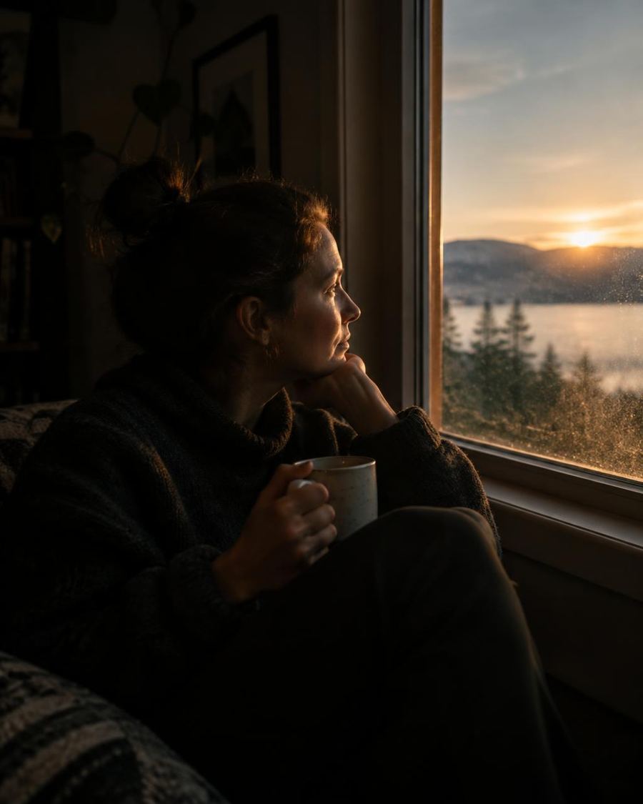 Pessoa olhando pela janela ao amanhecer, segurando uma caneca, em momento de reflexão